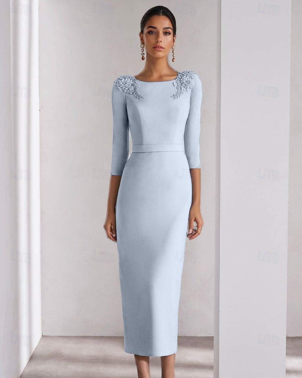 2025年 青 シース/コラム カクテルドレス エレガント ドレス フォーマル 結婚式 アンクルレングス 3/4レングススリーブ クルーネック ストレッチ クレープ スリット付き  コレクション – $129.99 –P1