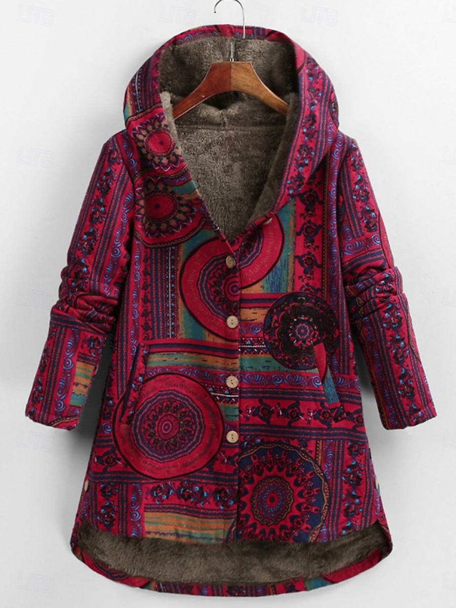 Pentru femei Jachetă din lână geacă Sherpa Comfortabil Respirabil Buzunar Imprimeu Epocă Casual Floral Vacanță Stradă Purtare Zilnică Ieșire Cu Un Nasture Regulat Capișon Fit regulat Manșon Lung 2026 - $45.99 –P2