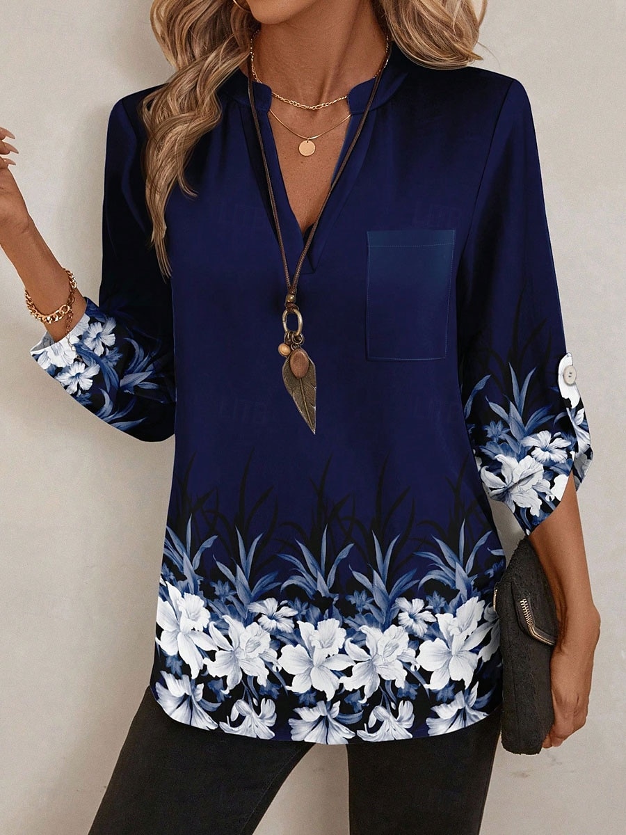 Damen Bluse Druck Blumen Grafik Vintage Tropisch Hawaiianisch Langarm V Ausschnitt Normale Oberteile Täglich Ferien Strandbekleidung Blau Grün Frühling Herbst Winter 2026 - $32.99 –P7