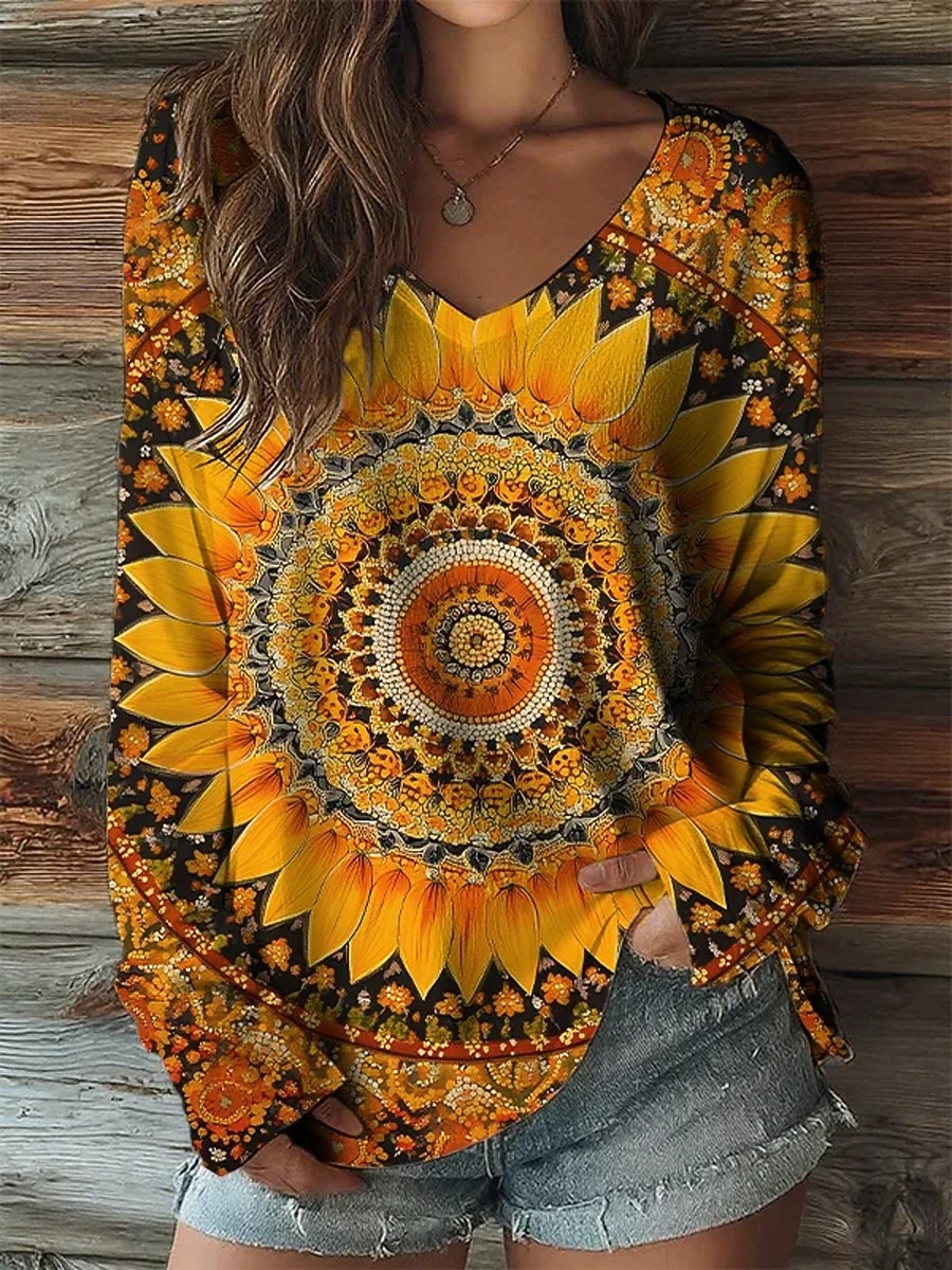 Vrouwen Boho T Shirt Graphic Tribaal Vintage Stijlvol Casual Lange Mouwen V-Hals Reguliere Tops Dagelijkse Print Geel Lente Herfst 2026 - $24.99 –P1