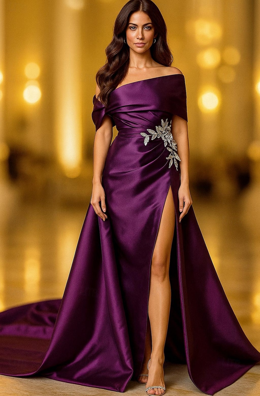 Purple Black A-Line Evening Gown Elegant Formal Dress Formal Wedding Floor Length Short Sleeve Off Shoulder Capes Satin with Pocket 2025 2025 - $139.99 –P1