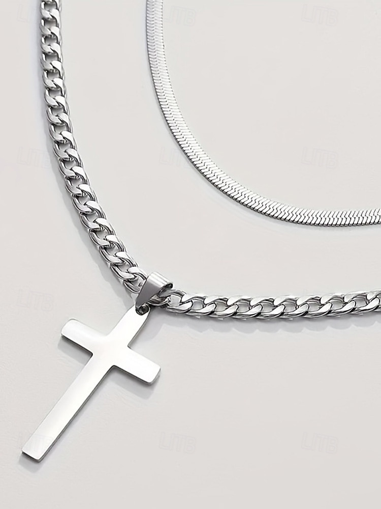 Męski naszyjnik z krzyżem ze stali nierdzewnej, trwała biżuteria łańcuszkowa, stylowy prezent chrześcijański na Boże Narodzenie, imprezę i do noszenia na co dzień 2026 - $11.99 –P8