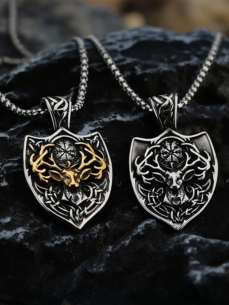 قلادة على شكل رأس غزال فايكنج من الفولاذ المقاوم للصدأ للرجال بتصميم درع، مجوهرات تميمة نورسية سلتيك كهدية عيد الميلاد والحفلات والارتداء اليومي 2026 - $11.99 –P4