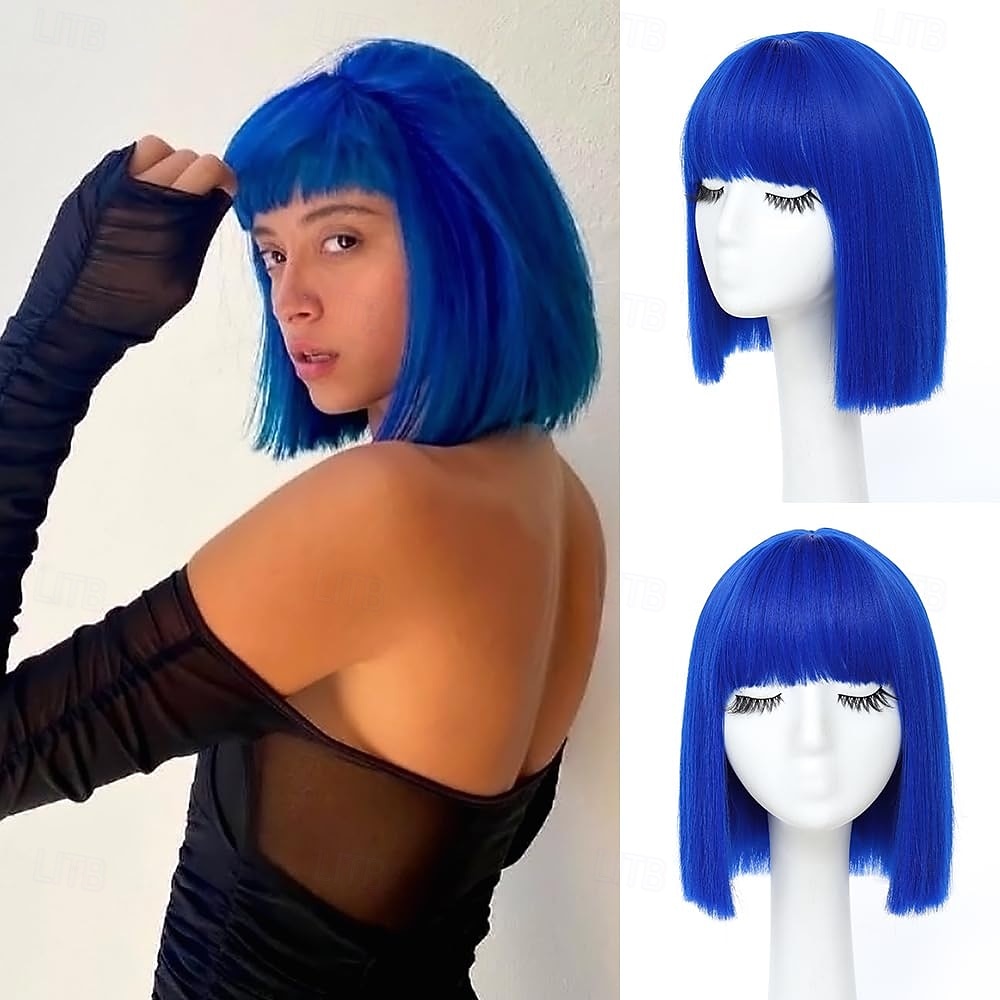 Modrá paruka krátká rovná modrá bob paruka s ofinou 10 palcová syntetická barva paruky pro ženy s přírodními vlasy pro kostýmy na každodenní párty cosplay 2026 - $21.99 –P1