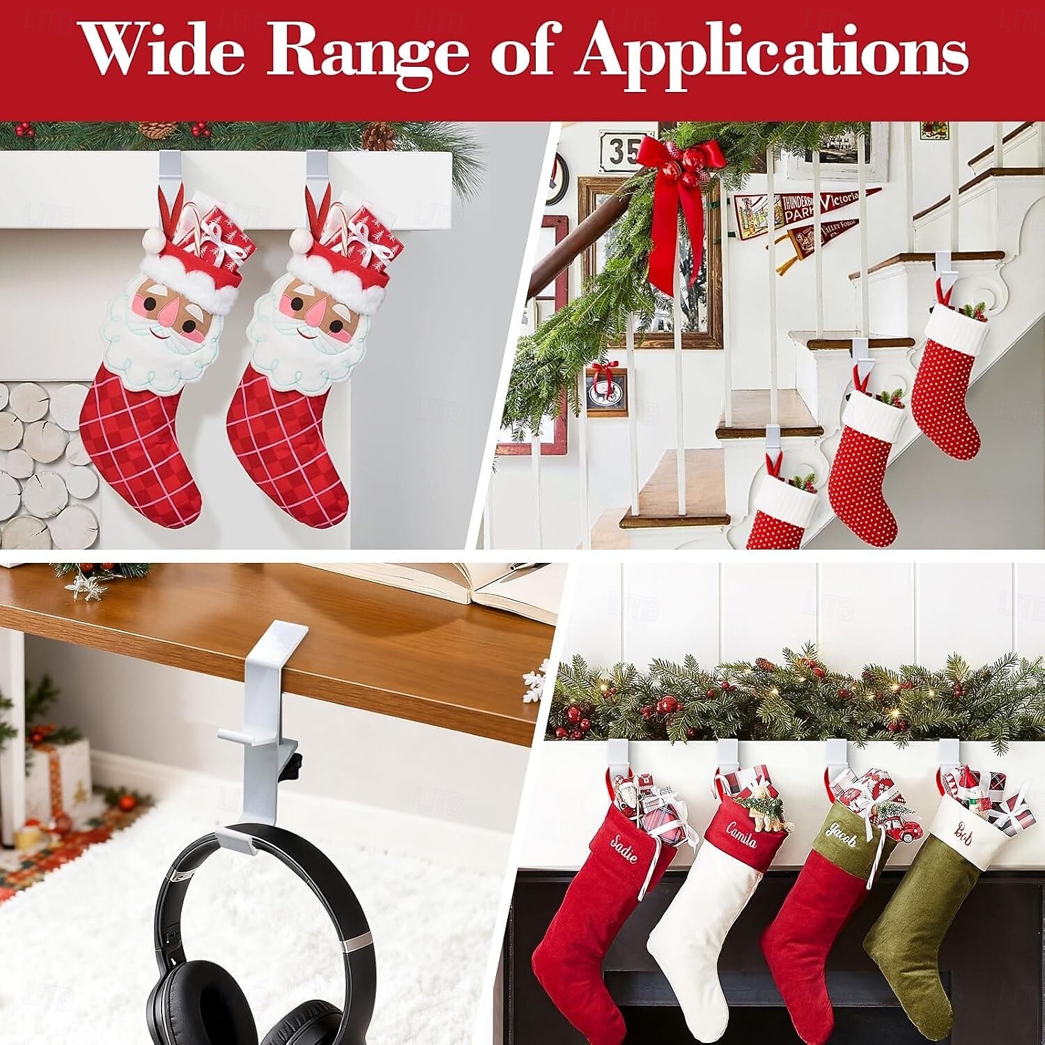 4 db hosszú harisnyatartó karácsonyi dekorációhoz – 2 az 1-ben kandallópárkány és koszorútartó, állítható fém akasztók harisnyák felakasztásához, fúrás nélkül, ünnepi otthoni kiegészítő 2025 - $25.99 –P9