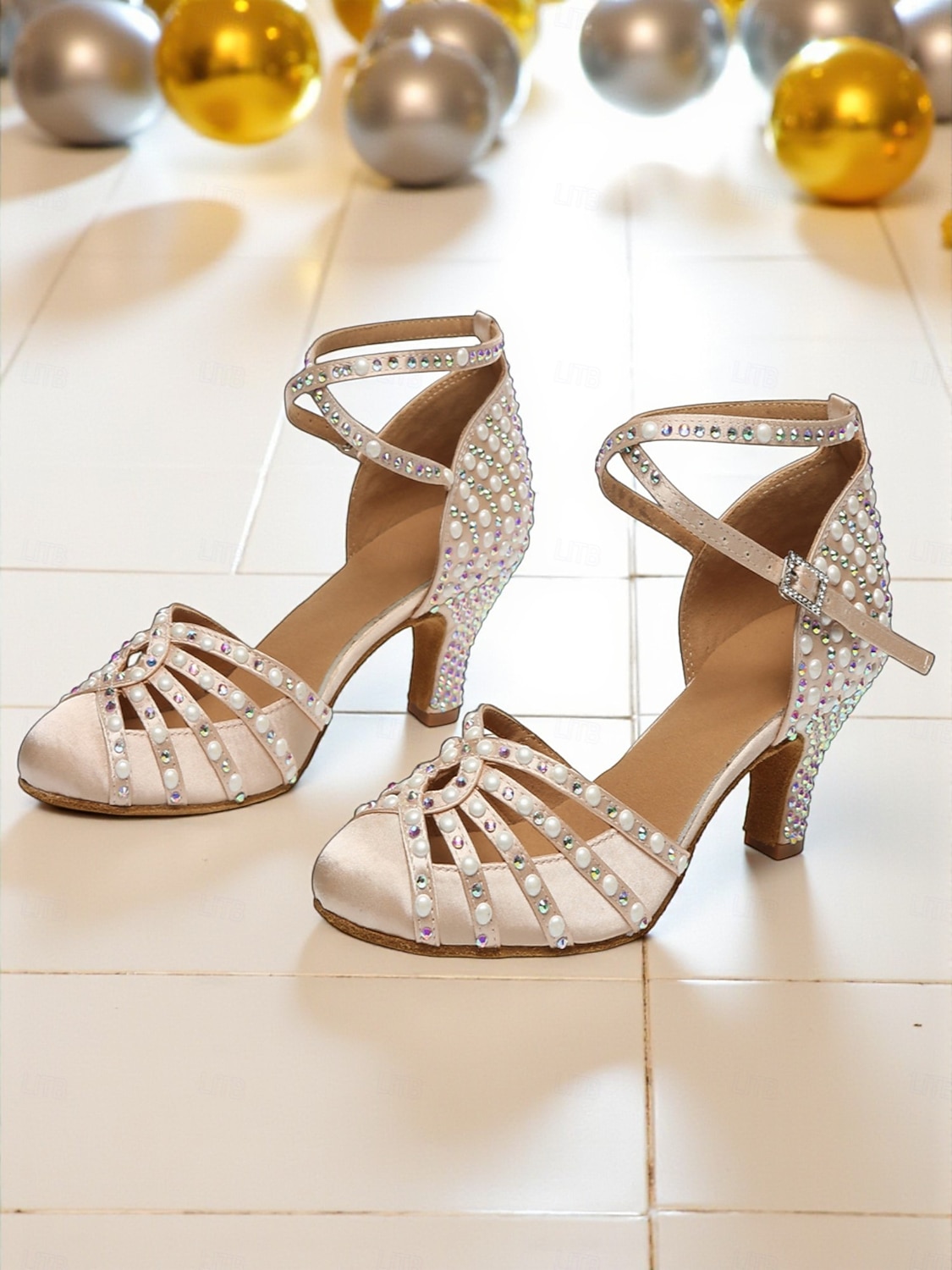Zapatos de tacón con tiras de satén color champán y diamantes de imitación para mujer, estilo Gatsby vintage para baile de salón y fiestas. &eventos formales 2026 - $69.99 –P6