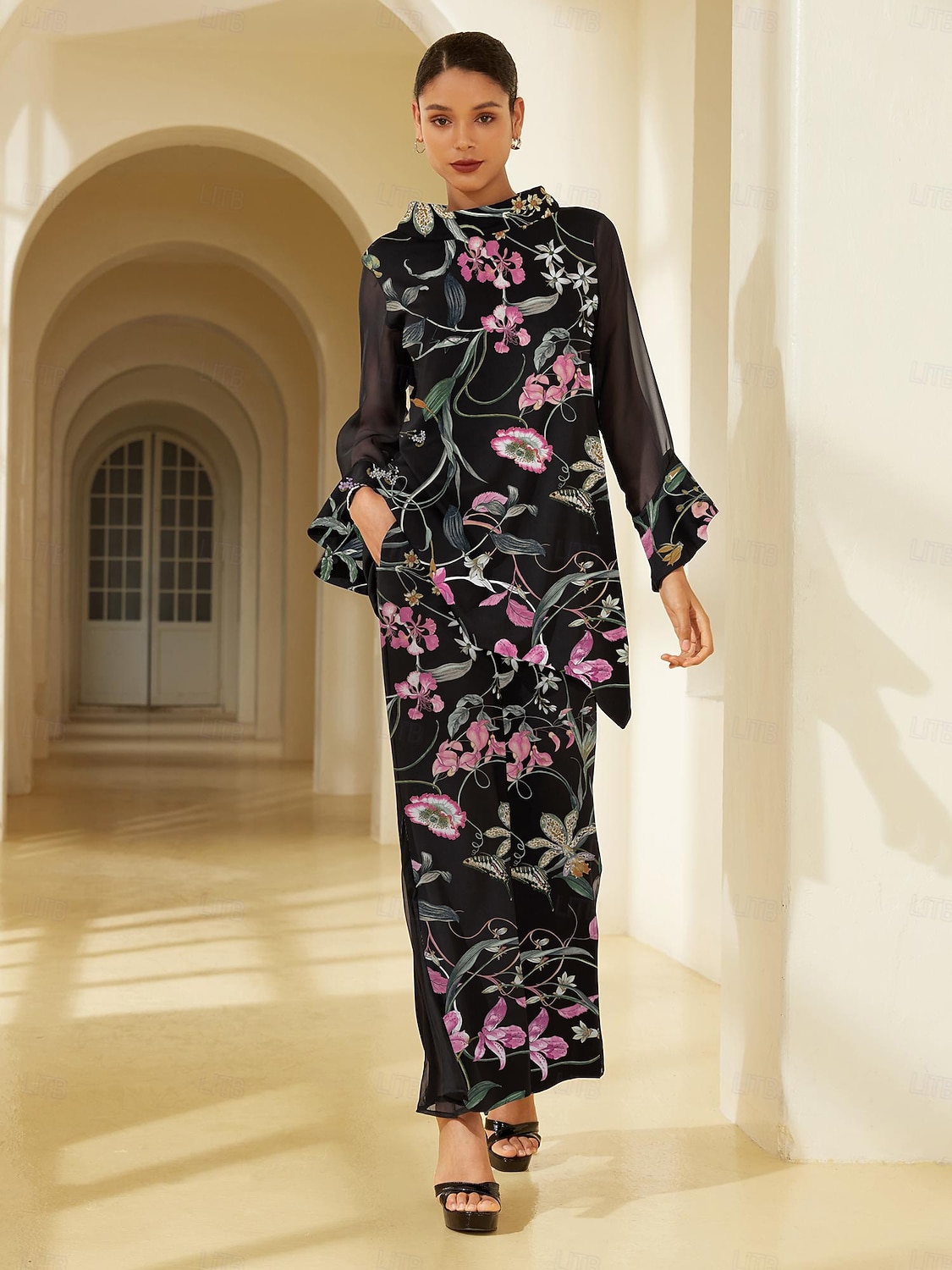 damebukser stretchstoff blomstertrykk chiffong gjennomsiktige paneler utsvingte ben elastisk midje elegant komfortabel daglig arbeid høst 2026 - $67.99 –P3
