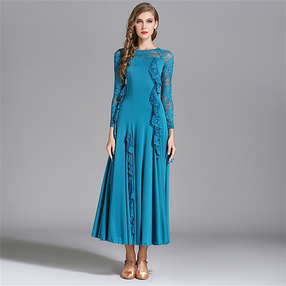 Abito da ballo da sala con dettagli in pizzo per donna - abito a trapezio a maniche lunghe con dettagli arricciati per competizioni, balli latini ed eventi di danza - azzurro del 2026 a $125.99 –P6