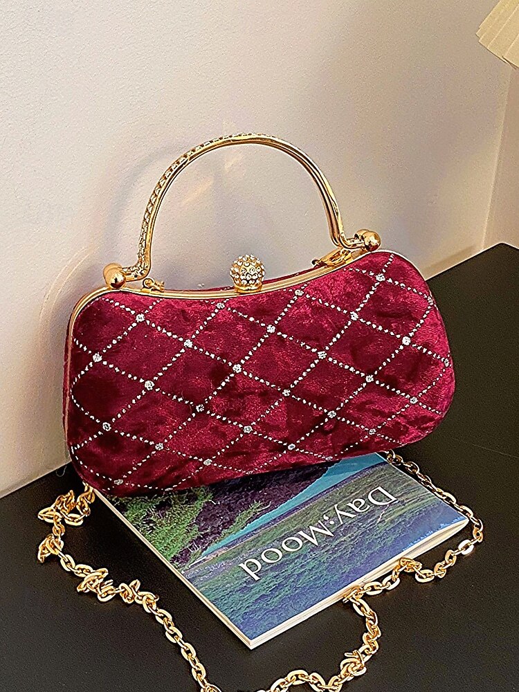 Damska aksamitna pikowana wieczorowa torebka z diamentowymi akcentami – elegancka torebka na ramię na świąteczne przyjęcia, spotkania i specjalne okazje 2026 - $19.99 –P7