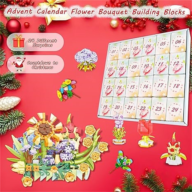 Адвент-календарь, цветочные букеты, строительные блоки для детей, 24-дневный рождественский подарочный календарь с 24 красочными цветочными букетами, сделанными из строительных блоков, рождественский 2025 - $36.99 –P8