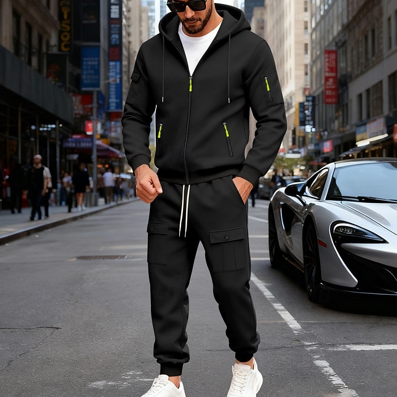 Men's Tracksuit Outfit Set Hoodies Set Hoodie Outdoor Daily Sports Drawstring Zip Up Pocket Plain Black Navy Blue Brown Polyester Activewear Fashion Streetwear Fall 2026 - $56.99 –P9