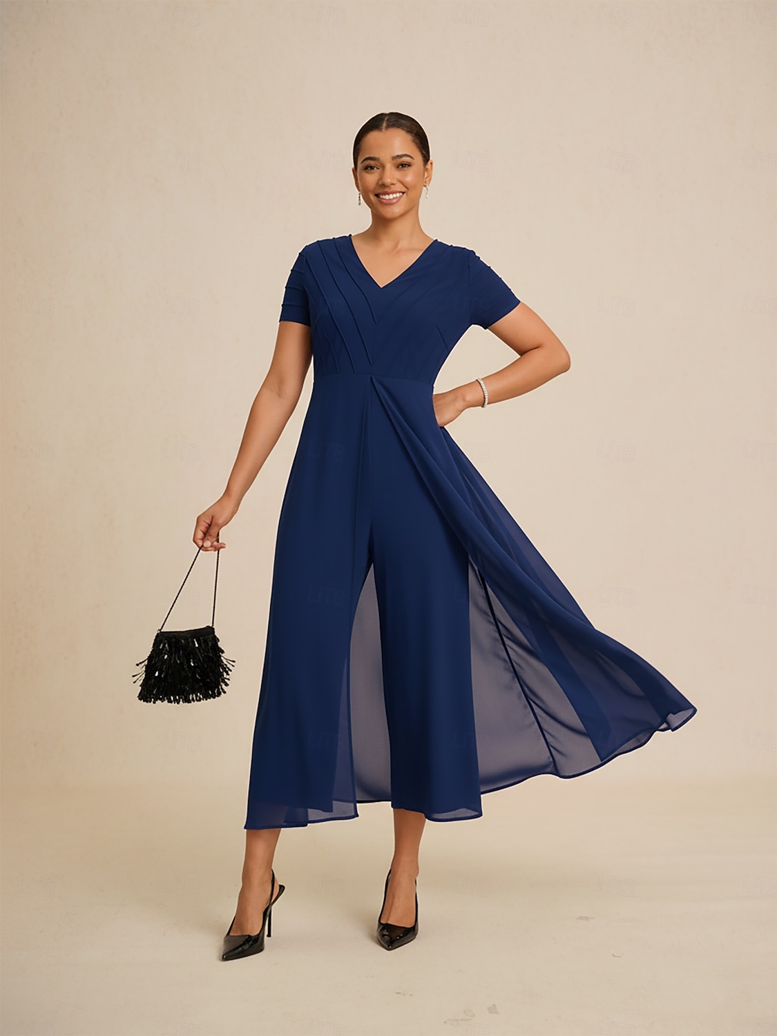 Damen-Jumpsuit, blau, V-Ausschnitt, getäfeltes Design, zweiteilig, fließend, transparenter Look, Stretchstoff, lässig, Frühling, Sommer, Herbst 2025 - $114.99 –P1