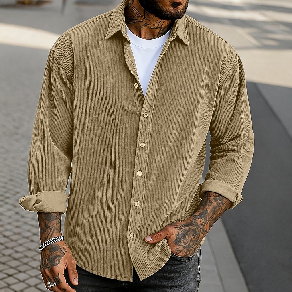 Per uomo Camicia Camicia casual Camicia di Velluto a Coste Camicia con Bottoni Nero Kaki Verde militare Grigio Manica Lunga Tinta unica Collo ripiegato Casuale All'aperto Caldo Abbigliamento Vintage del 2026 a $13.69 –P4