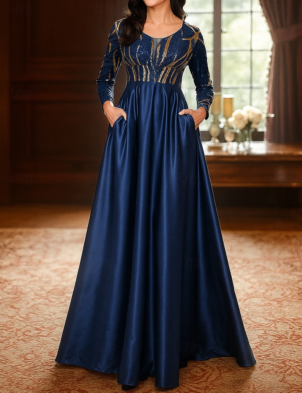 A-Linie Bodenlang Kleid für Hochzeitsgäste Abendkleid Flattriges Kleid Brautmutterkleid Langarm V Ausschnitt Rundausschnitt Elegant Glanz & Glamour Formell Formeller Abend Hochzeitsfeier Tüll mit 2026 - $91.99 –P4