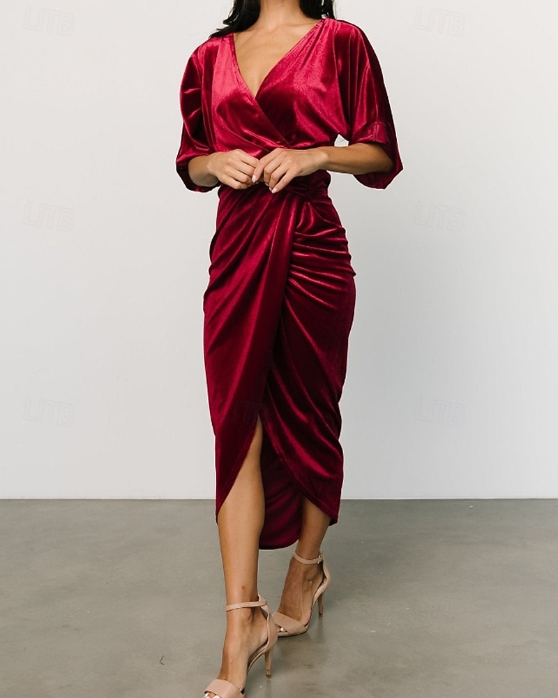 Damen Midikleid Samtkleid Partykleid Cocktailkleid Mode Modern Party Abendgesellschaft Normale Passform Einfach Halbarm V Ausschnitt Schwarz Wein Dunkelgrün Kamel Herbst Winter 2025 - $31.49 –P2