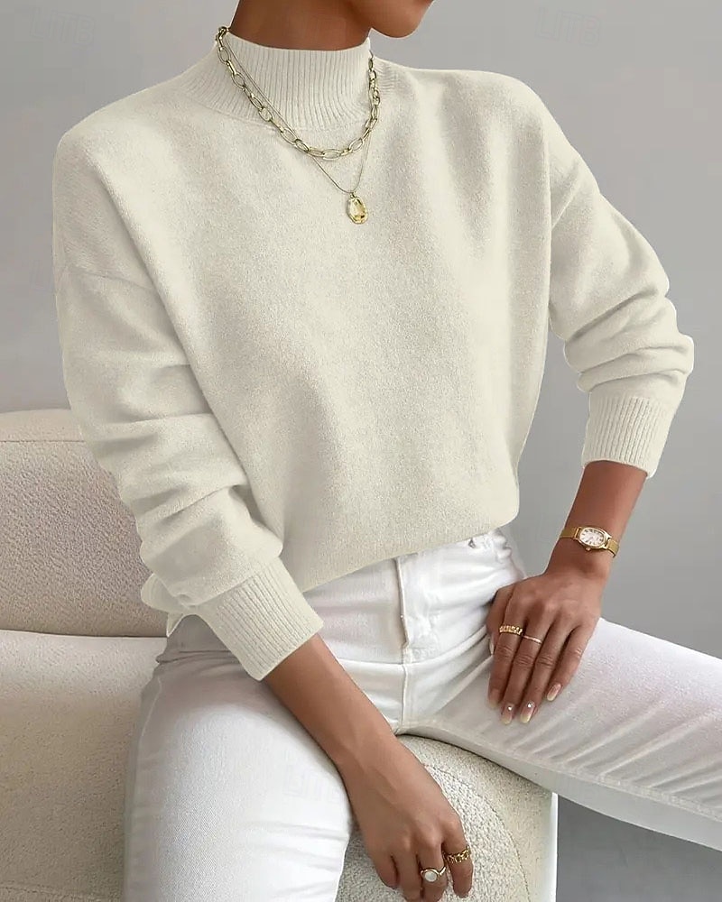 Women's Sweater Pullover Fashion Streetwear Casual Solid Color Mock Neck Knitted Long Sleeve Regular Tops Knit Daily Holiday Going out Yellow Pink Fall Winter 2026 - $33.99 –P9