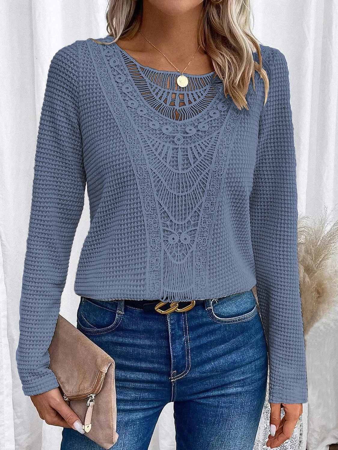 Damskie Koszula Jednokolorowe Elegancja Bohema Zabytkowe Długi rękaw Półgolf Zwykłe topy Praca Codzienny Koronka Haft Koronka iluzjonistyczna Brudny róż Niebieski Pomarańczowy Beżowy Wiosna Jesie 2025 - $24.99 –P3