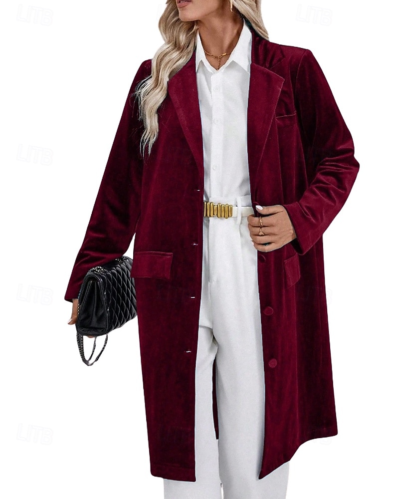Dam Kavaj Kappa Håller värmen Bekväm Ficka Knappar Elegant Mode Slät Fest Födelsedag Fest / afton Ledigt Lång Nedvikt Normal Långärmad Ytterkläder Svart Vin Blå Höst Vinter 2025 - $44.99 –P17