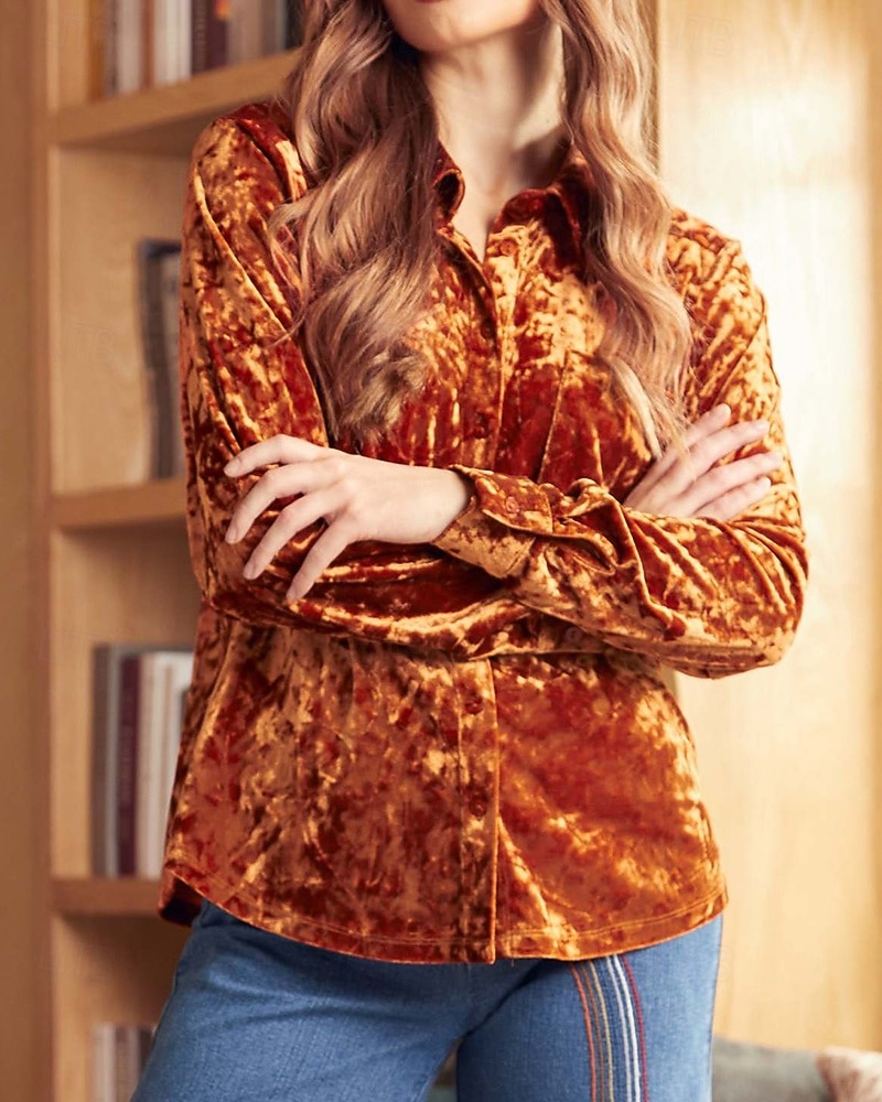 Γυναικεία Βελούδο Κομψή Φιλάρεσκος Μπλούζα Κουμπιά Σκέτο Βοημία Βίντατζ Καθημερινά Μακρυμάνικο Κολάρο Πουκαμίσου Κανονικά μπλουζάκια Καθημερινά Βραδινό Ρούχα για Πάρτυ Αργίες 2026 - $37.99 –P6