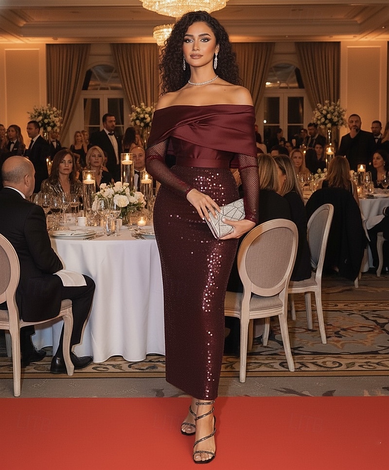 Sjöjungfru trumpet Telång Cocktailklänningar Festklänningar Elegant Ärmlös Över axeln Trädgårdsfest Bröllop Paljetter med Plisserat 2026 - $175.99 –P5