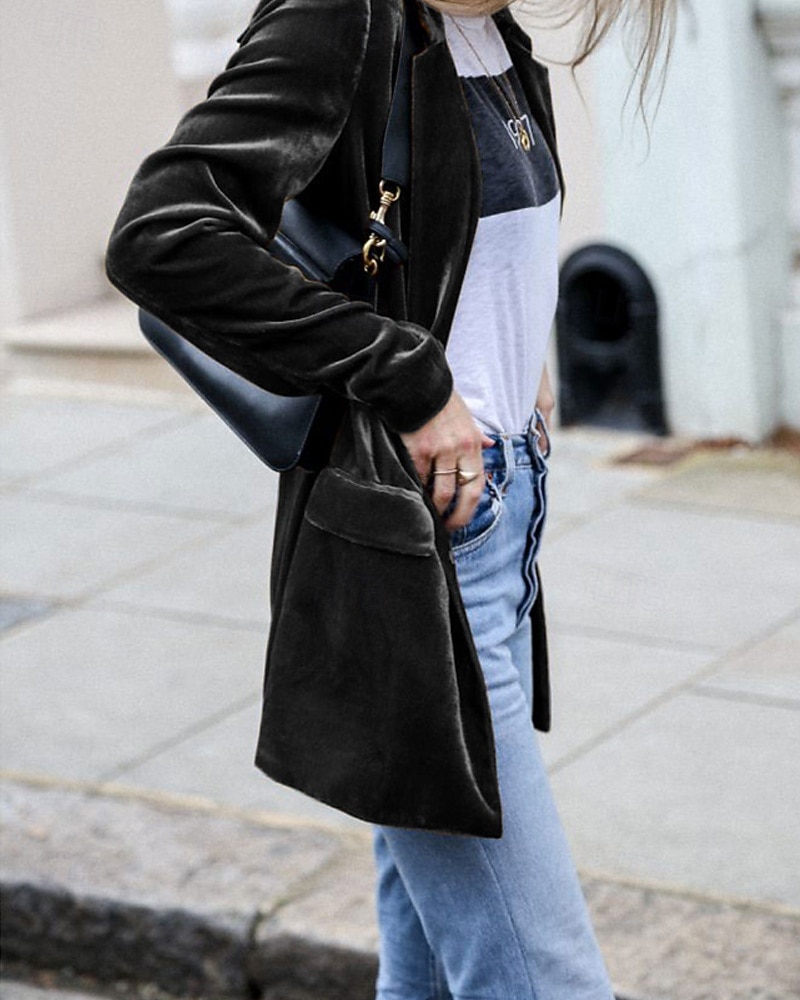 Damen Blazer Samtblazer Bequem Tasche Mode Einfach Party Party / Abend Regulär Umlegekragen Normale Passform Langarm Oberbekleidung Blau Schwarz Wein Herbst Winter 2026 - $33.99 –P1