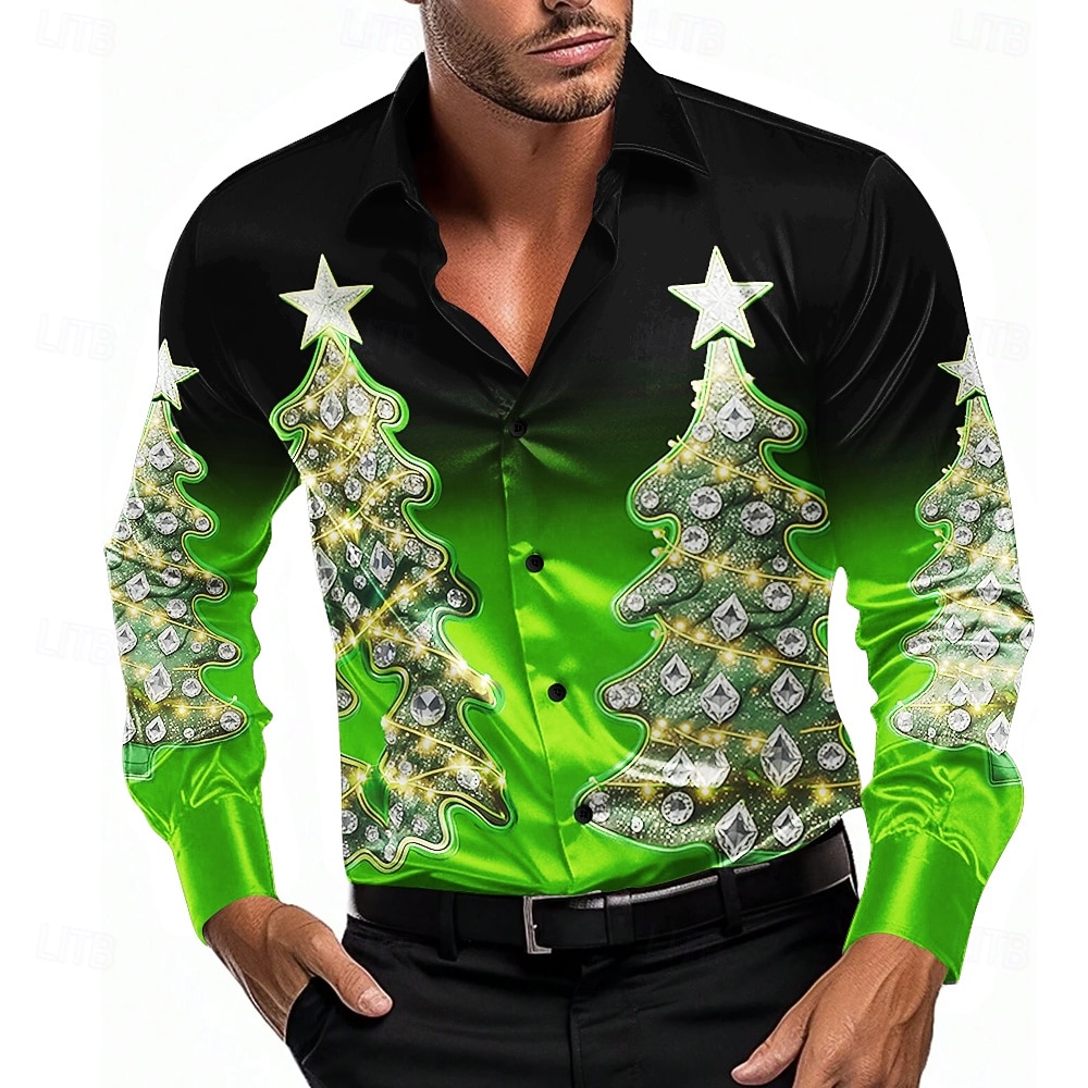Christmas Men's Christmas Tree Gradient Color Shirt Satin Shirt Dress Shirt  Long Sleeve Fashion Casual Party