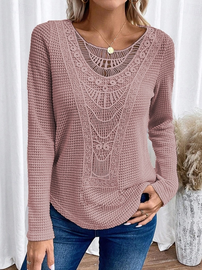 Damskie Koszula Jednokolorowe Elegancja Bohema Zabytkowe Długi rękaw Półgolf Zwykłe topy Praca Codzienny Koronka Haft Koronka iluzjonistyczna Brudny róż Niebieski Pomarańczowy Beżowy Wiosna Jesie 2025 - $24.99 –P8