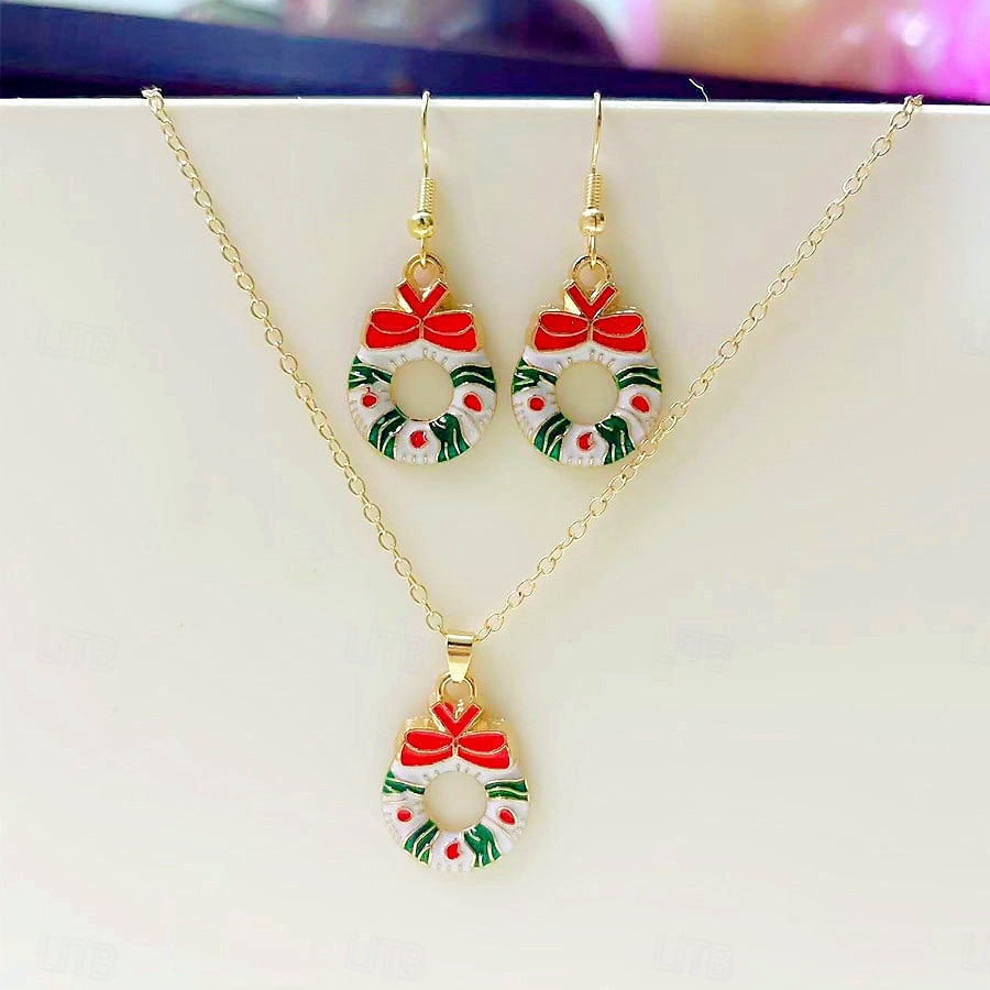 conjunto de joias de guirlanda de Natal – colar e brincos vermelhos e verdes com design de laço para mulheres de 2026 por $11.99 –P4