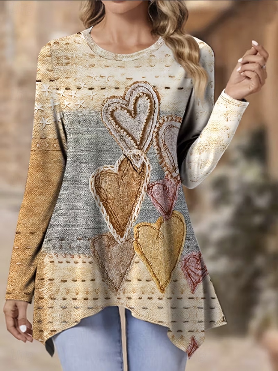 Dámské Tunika Tisk Srdce Grafika Abstraktní Elegantní Vinobraní Módní Dlouhý rukáv Tričkový Kulatý Dlouhé topy Denní Víkend Khaki Jaro Podzim Zima 2026 - $24.99 –P1