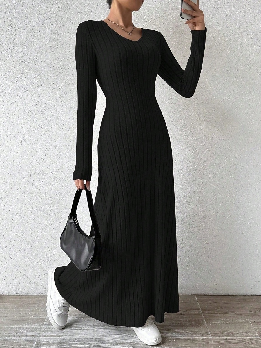Dámské Svetrové šaty Elegantní Na běžné nošení Měkké Čistá barva Rýhovaný Do V Pletený Dlouhý rukáv Běžné topy Plést Venkovní Denní Víkend Černá Trávová zelená Podzim Zima 2026 - $24.99 –P13