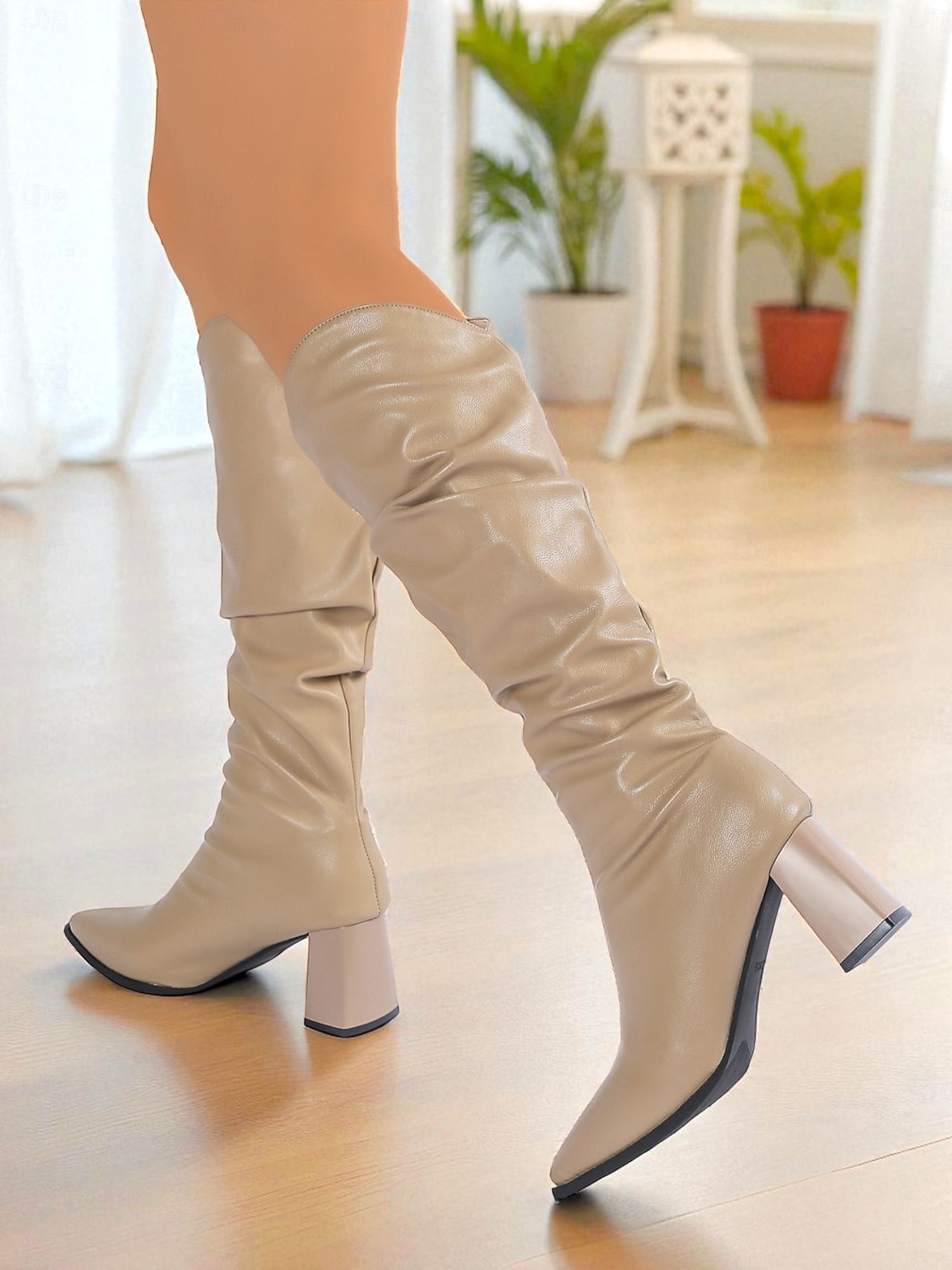 Cizme albe până la genunchi, din piele ecologică, cu vârf ascuțit și toc bloc, cizme elegante și la modă, pentru petreceri, ieșiri în oraș și ținute de toamnă-iarnă 2026 - $42.99 –P1
