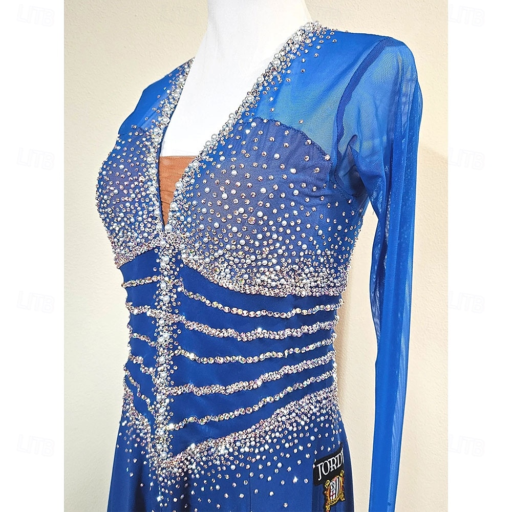 Women's Ballroom Dance Dress Royal Blue Crystal Rhinestone Long Sleeve Waltz Foxtrot Quickstep Competition Performance Gown 2026 - $375.79 –P6