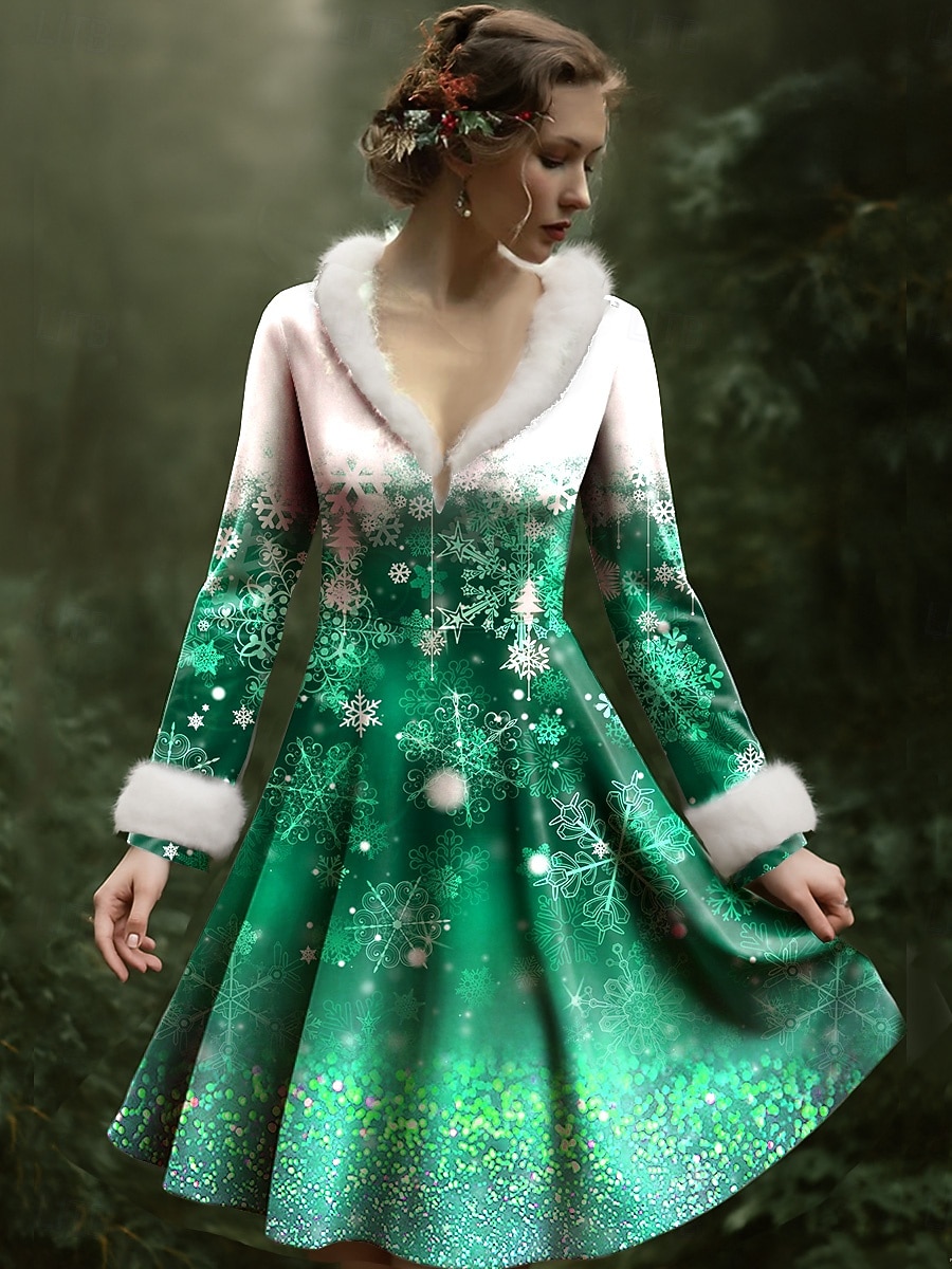 Christmas Women's Mini Dress A Line Dress Vacation Party Casual Party Daily Holiday Regular Fit Snowflake Long Sleeve V Neck Red Blue Purple Green Fall Winter 2025 - $52.99 –P2