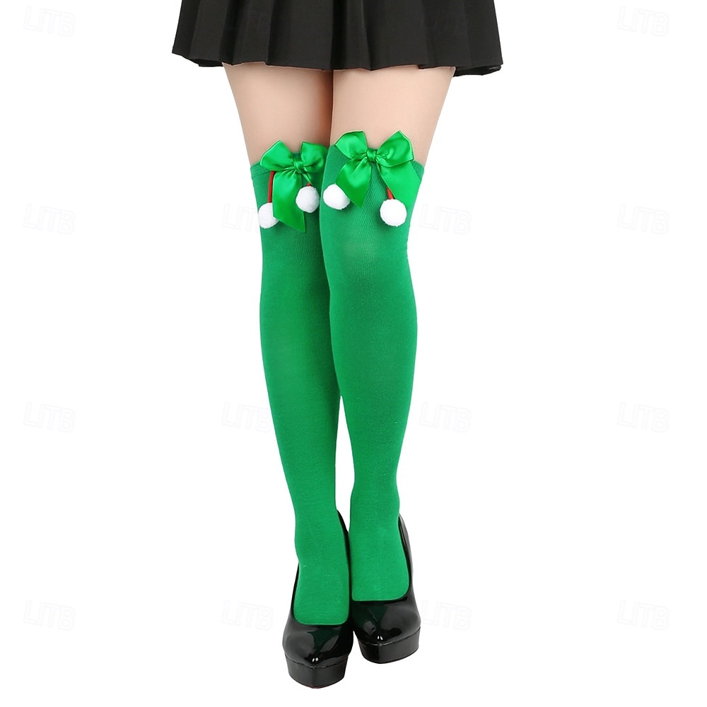 Dámské vánoční ponožky do stehen, sada 4 párů, pruhované &Jednobarevné červené sváteční punčochy s mašlemi a bambulkami, slavnostní ponožky nad kolena na zimní večírky &dárky 2026 - $18.99 –P11