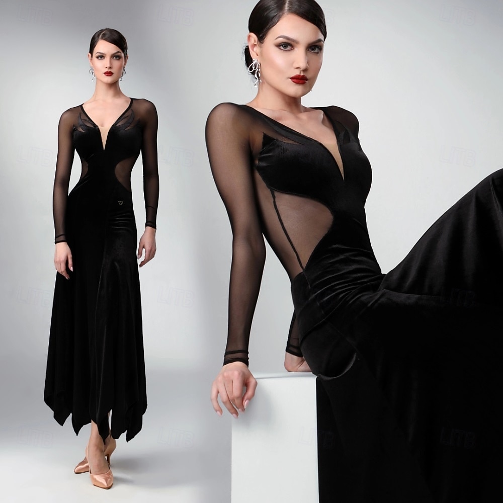 abito da ballo da sala da donna in velluto nero con scollo a V profondo, maglia trasparente, maniche lunghe, elegante abito da competizione per tango, valzer e rumba del 2026 a $337.89 –P4
