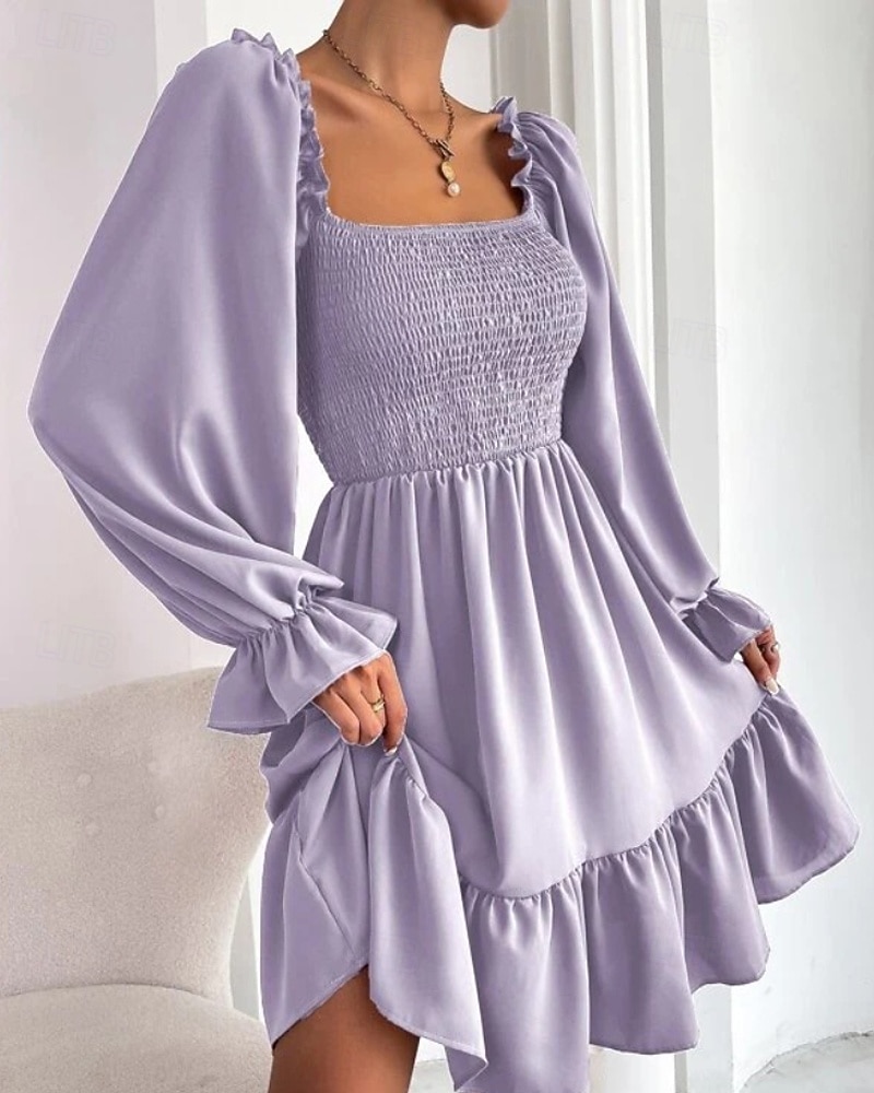 Damen Minikleid Schößchen Kleider Gerafftes Kleid Modern Outdoor Ferien Ausgehen Normale Passform Einfach Langarm Quadrathals Schwarz Wein Armeegrün Leicht Braun Frühling Herbst 2025 - $24.99 –P16