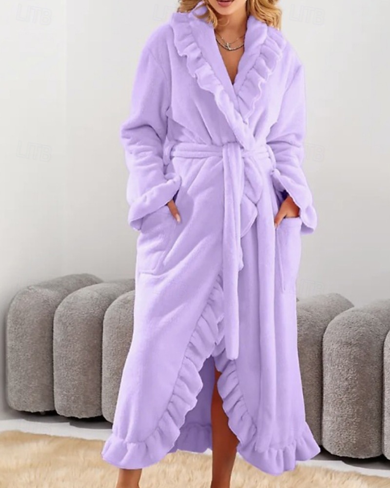 Women's Pajamas Robe Flannel Warm Fashion Pure Color Ruffle Pocket Home Daily Bed Long Sleeve Crew Neck Black White Pink Red Purple Fall Winter Regular Fit 2026 - E£3015.43 –P5