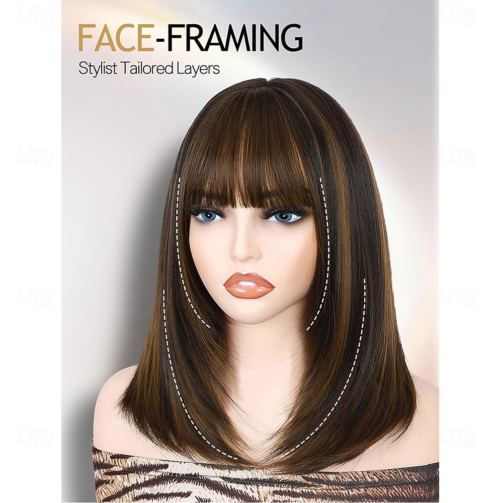 Highlight gelaagde pruiken met pony 14 inch kort gemengd bruin lijmloos kant-en-klare rechte synthetische bobpruiken voor vrouwen realistische hoofdhuid dagelijks cosplaygebruik 2026 - $21.99 –P3