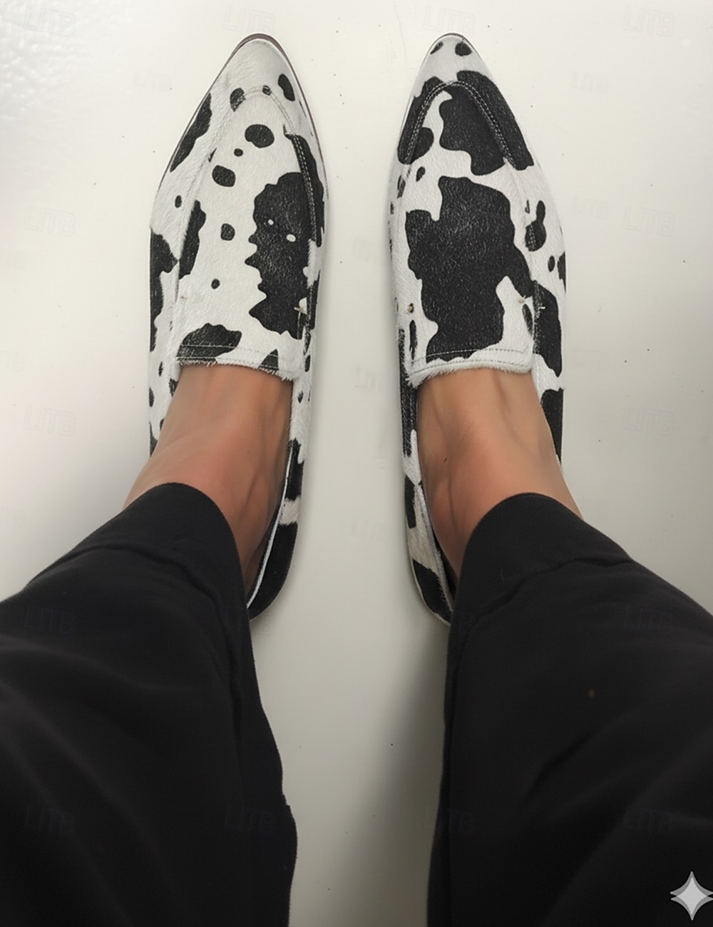 Mocassini in pelle sintetica a motivo di pelle di mucca da donna – Eleganti slip-on neri e bianchi per uscite casual e lavoro d'ufficio del 2026 a $46.99 –P1