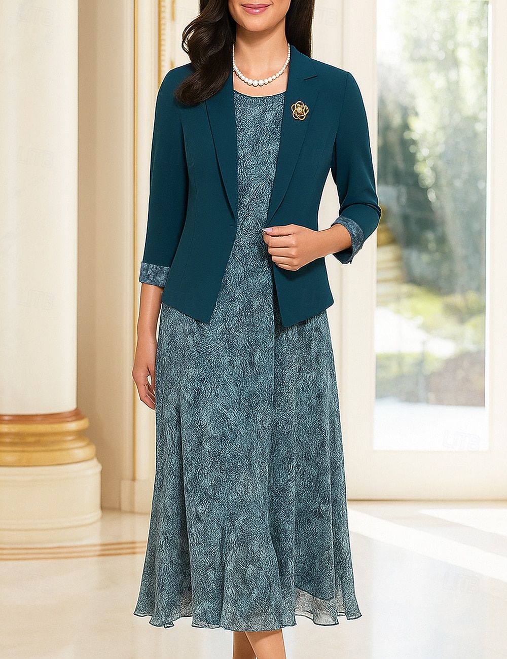 Two Piece A-Line Dress Sets Mother of the Bride Dress Formal Elegant Crew Neck Ankle Length Chiffon Polyester 3/4 Length Sleeve with Appliques 2025 - $164.99 –P1