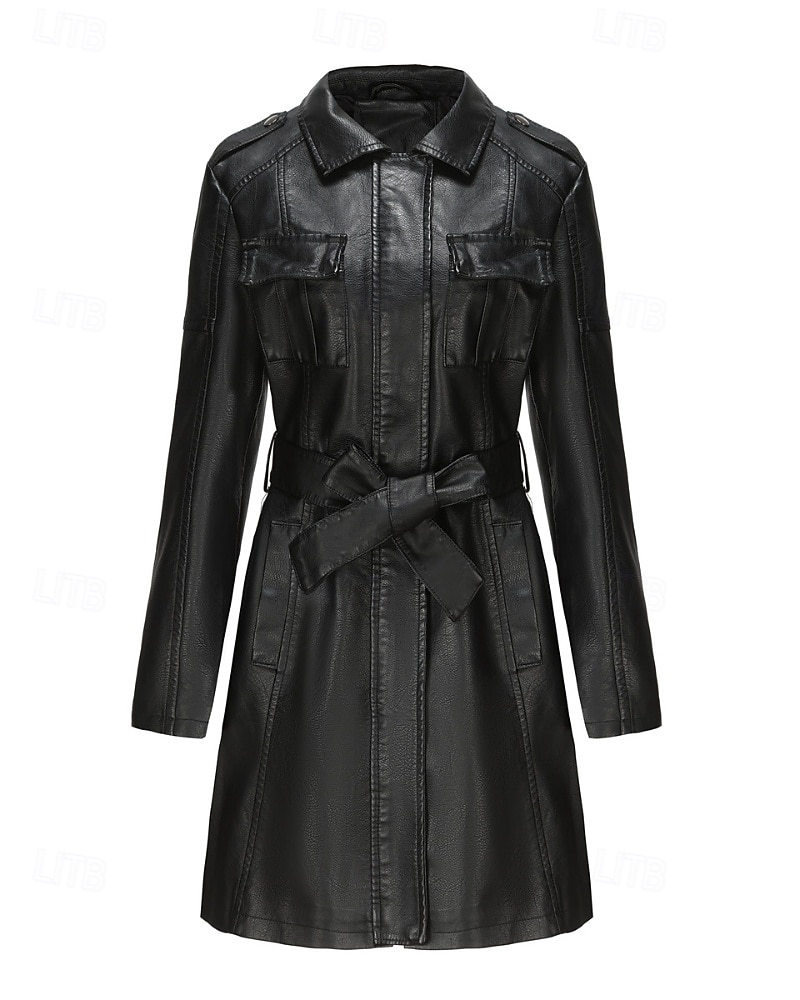 Dam Imitationsläderjacka Trenchcoat Bekväm Knappar Ledigt Slät Utomhus Semester Helgdag Utekväll Lång Nedvikt Normal Långärmad Ytterkläder Svart Vin Kamel Vår Höst 2025 - $71.99 –P11