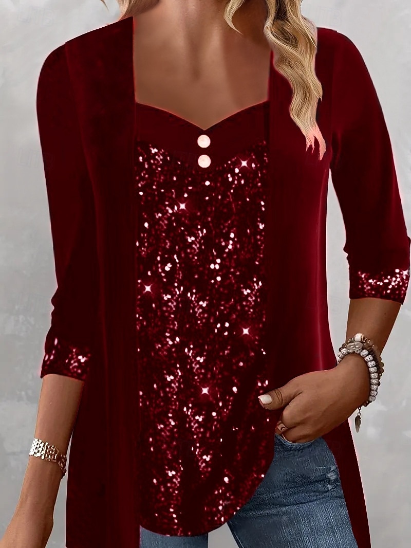 Kerstmis Vrouwen Blouse Effen Kleur Elegant Stijlvol Basis Lange Mouwen Vierkante Hals Standaard Tops Dagelijks Sequins Patchwork Zwart Wijn Paars Groen Lente Herfst Winter 2025 - $36.99 –P1