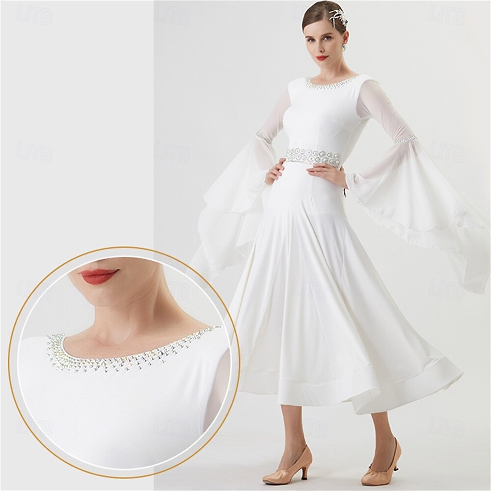 Robe de danse de salon pour femme, manches longues, taille strass, élégante, pour valse, tango, foxtrot, compétition – blanche de 2025 ? $236.09 –P9