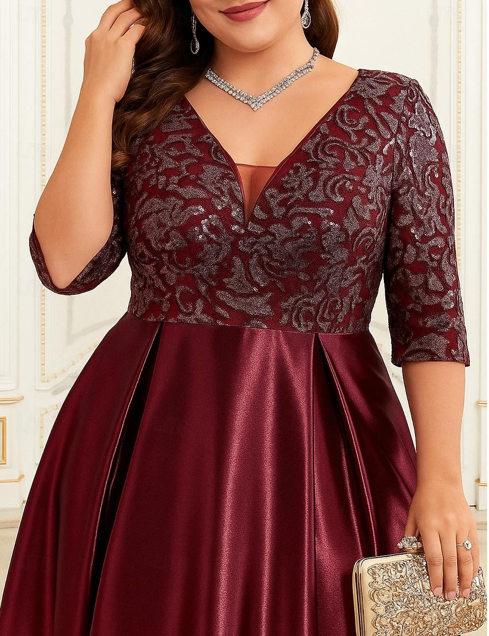 A-Line Floor Length Wedding Guest Dress Formal Dresses Flare Dress Mother of the Bride Dress 3 4 Length Sleeve V Neck Elegant Vintage Luxurious