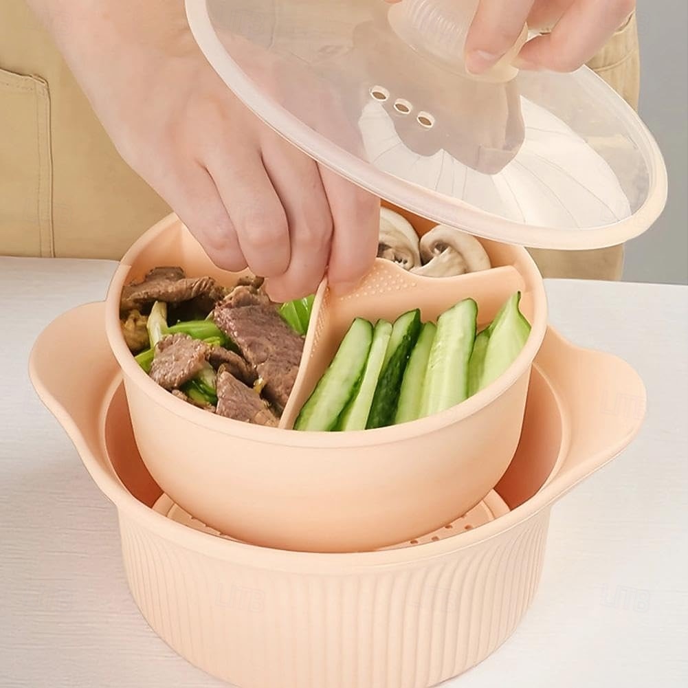 סיר אידוי סיליקון למיקרוגל 42oz, 3 תאים, סיר אידוי סיליקון 4 ב-1 עם ידית ומכסה לירקות, דגים, הכנת ארוחות, מזון לתינוקות, תנור &בטוח למדיח כלים, קל לניקוי 2026 - $15.99 –P8