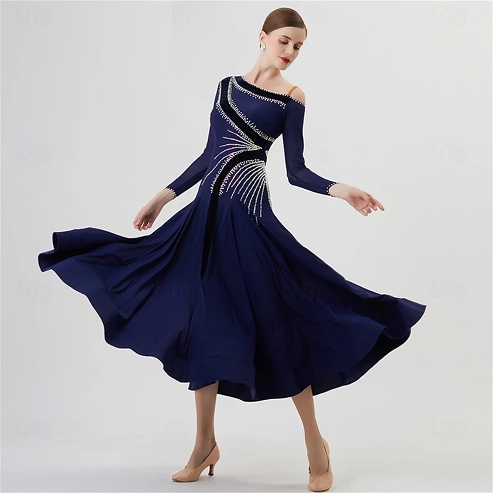 abito da ballo da sala da donna, elegante abito da competizione per tango, valzer, foxtrot, con spalline asimmetriche e strass – blu navy del 2026 a $309.19 –P4