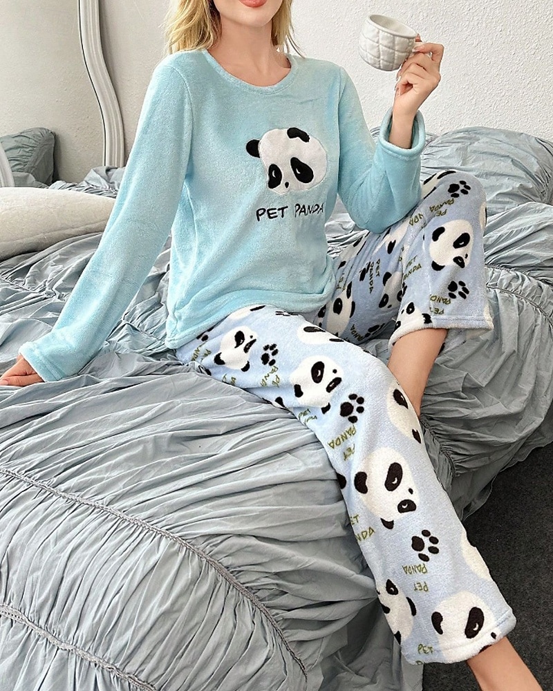 Women's Pajamas Loungewear Pajama Set Flannel Warm Fashion Panda Elastic Waist Pant Home Daily Long Sleeve Crew Neck White Pink Light Blue Fall Winter Loose Fit 2025 - $14.99 –P1