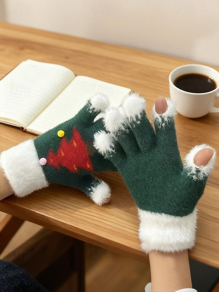 Kerst gebreide handschoenen voor dames met zachte manchetten en kerstboomontwerp, warme winterwanten voor volwassenen en kinderen, leuk accessoire voor een feestje tijdens de feestdagen 2026 - $9.99 –P6