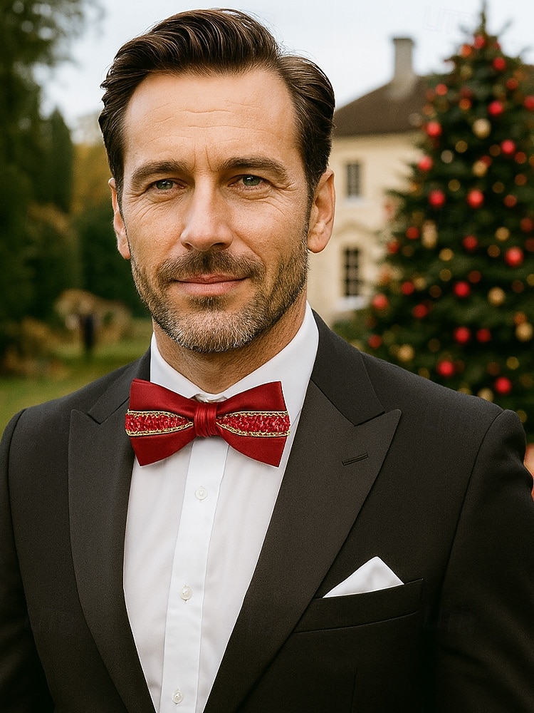 Papion de Crăciun pentru bărbați – papion din satin roșu, negru și alb cu detalii din cristale și lanț auriu – accesoriu elegant de sărbătoare pentru evenimente formale 2026 - $11.99 –P1