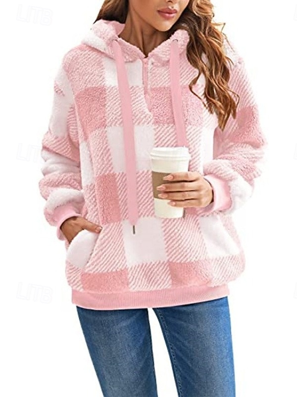 2025年 女性用 プルオーバー フーディー スウェットシャツ チェック エレガント あたたか 活発的 長袖 フード付き レギュラートップス 家 パーティーイブニングウェア ストリート ブラック ピンク ブラウン グリーン 春 秋 冬  コレクション – $26.99 –P1